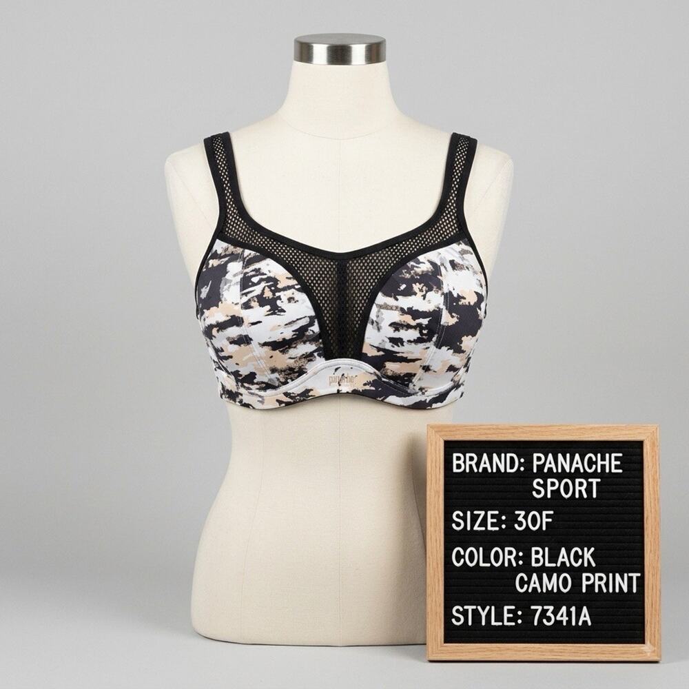 Panache Sport Underwire Sports Bra 30F Black Camo Print High Impact 7341A